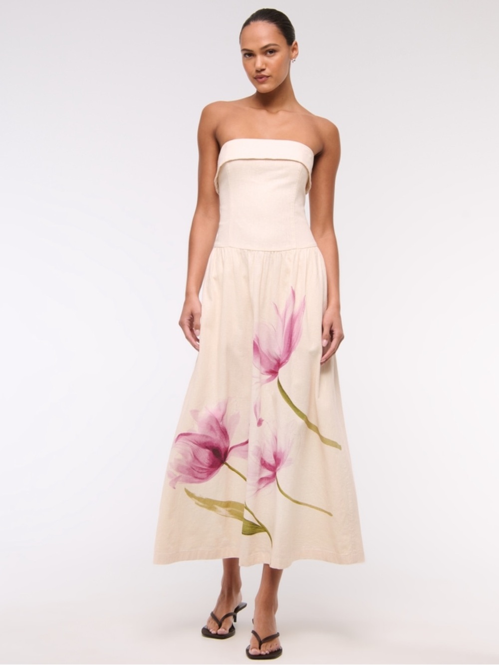 Abercrombie & Fitch Strapless Cream Maxi Dress with Pink Floral Print
